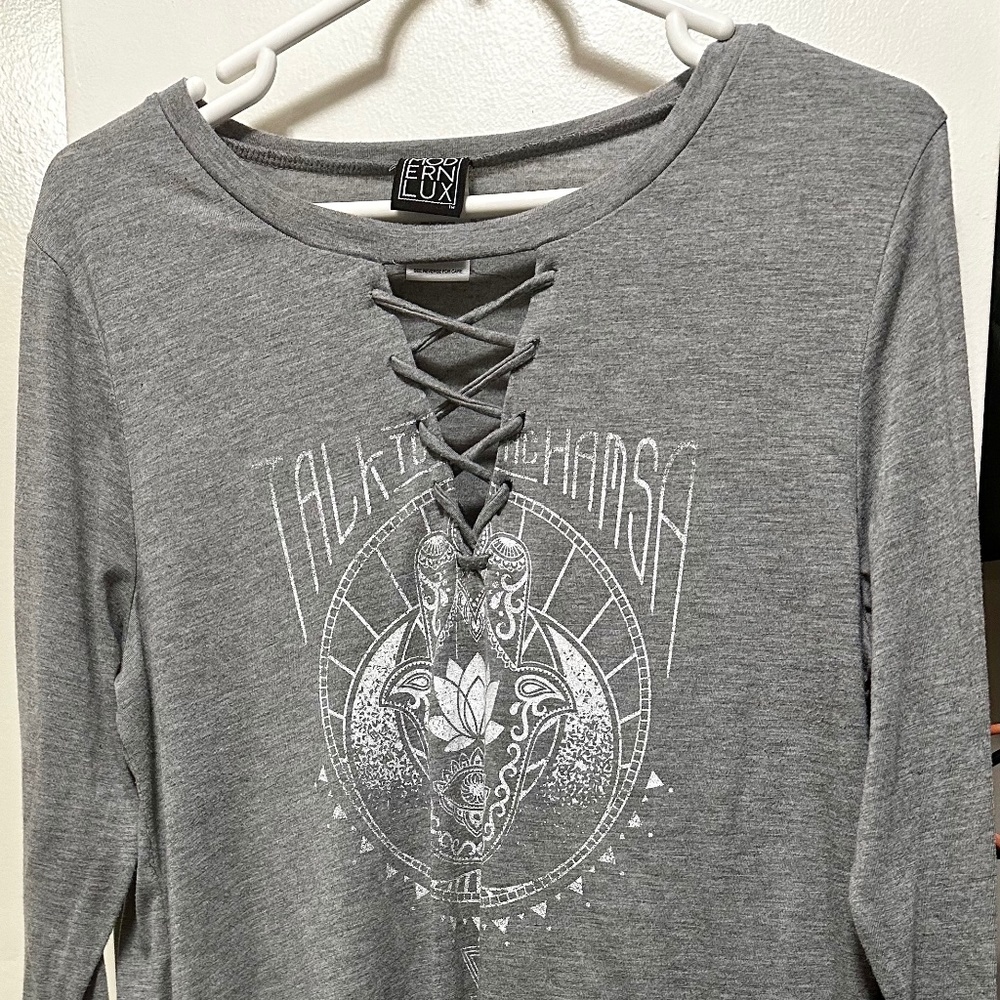 Modern Lux Long Sleeve Top Shirt Talk to the Hamsa Heather Grey